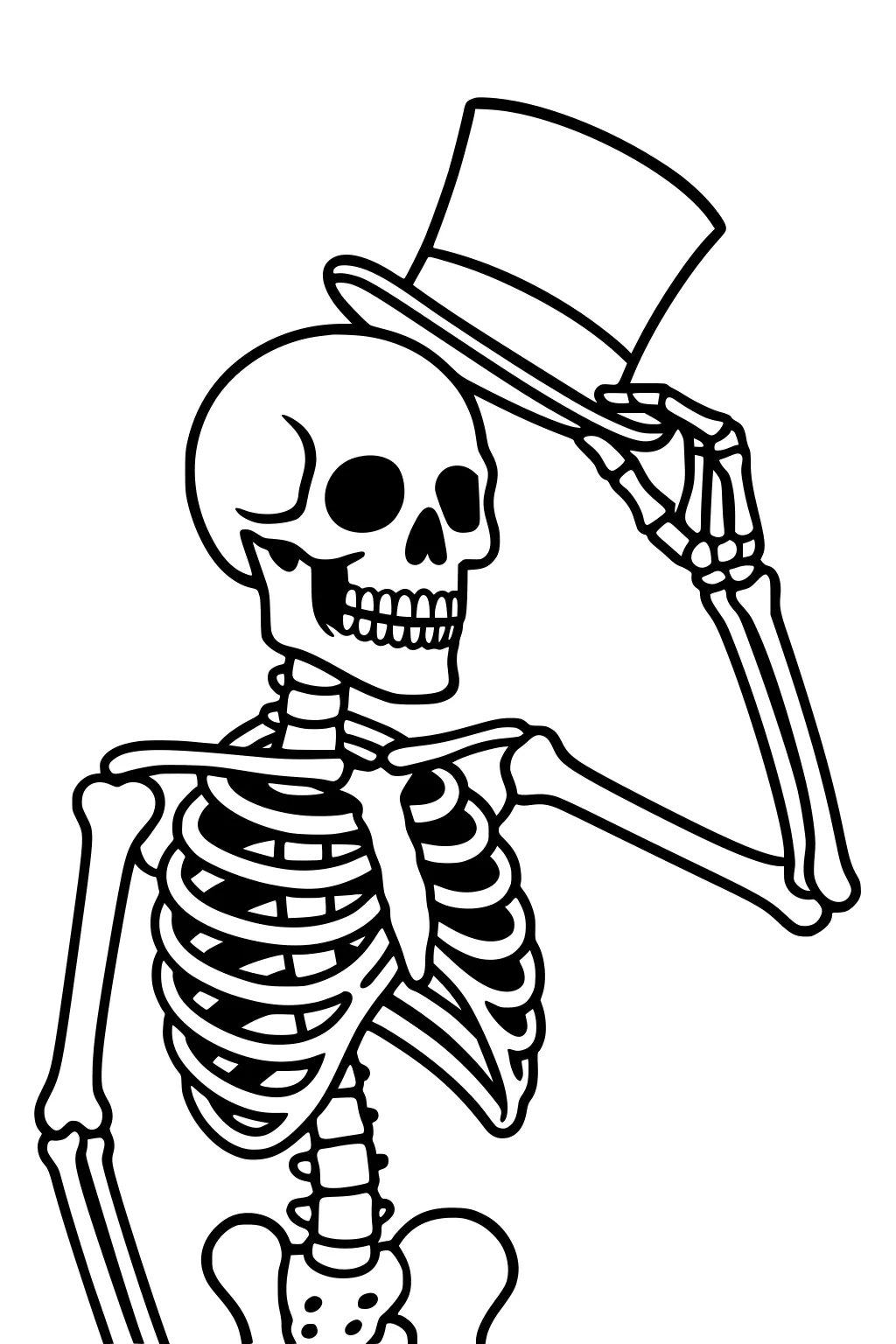 Smiling skeleton tipping a top hat with one bony hand, showing rib cage, spine, and arm bones in bold black outlines.
