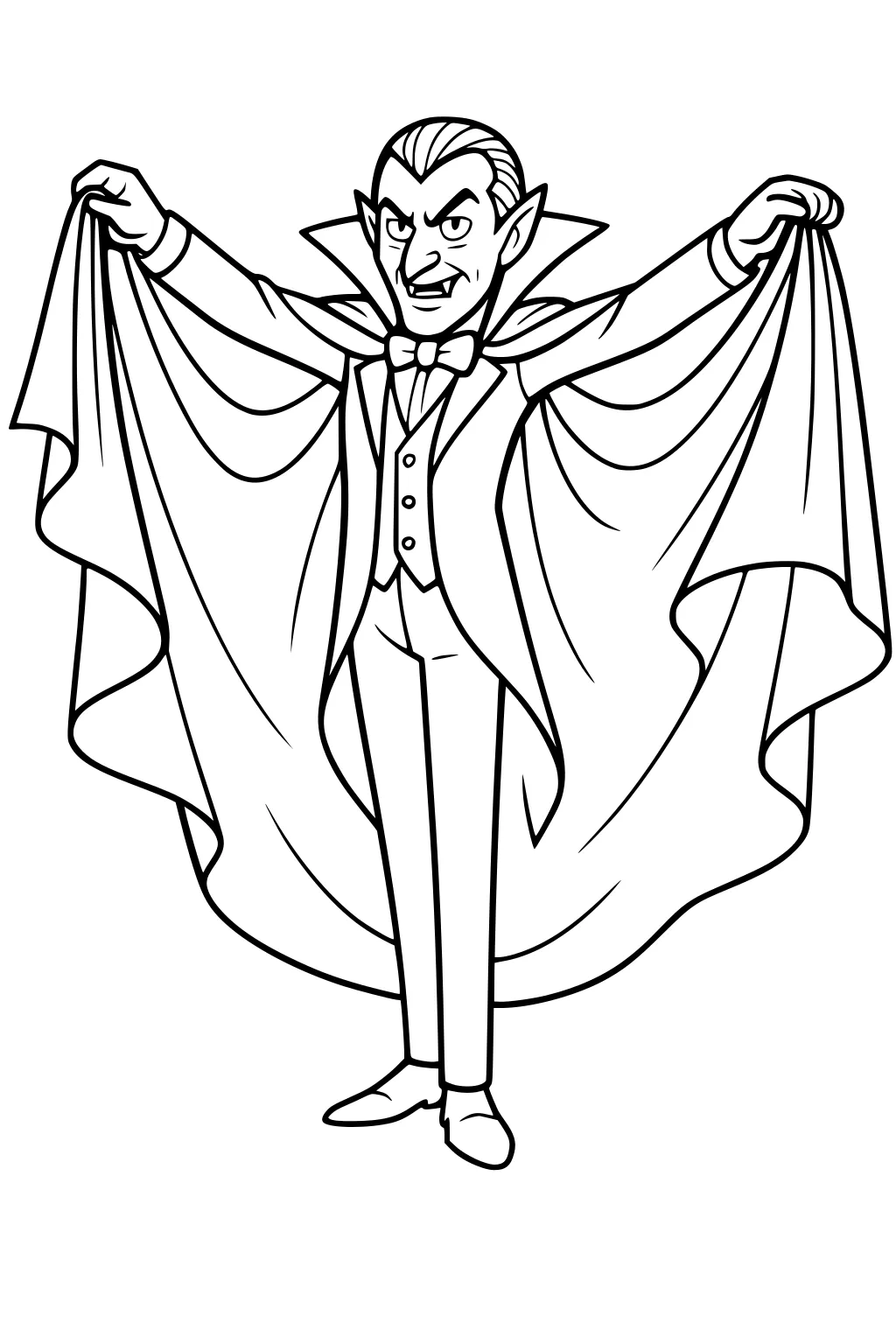 Cartoon vampire in tuxedo lifting a wide cape, high collar, slick hair, pointed ears and fangs, arms outstretched on a blank background.