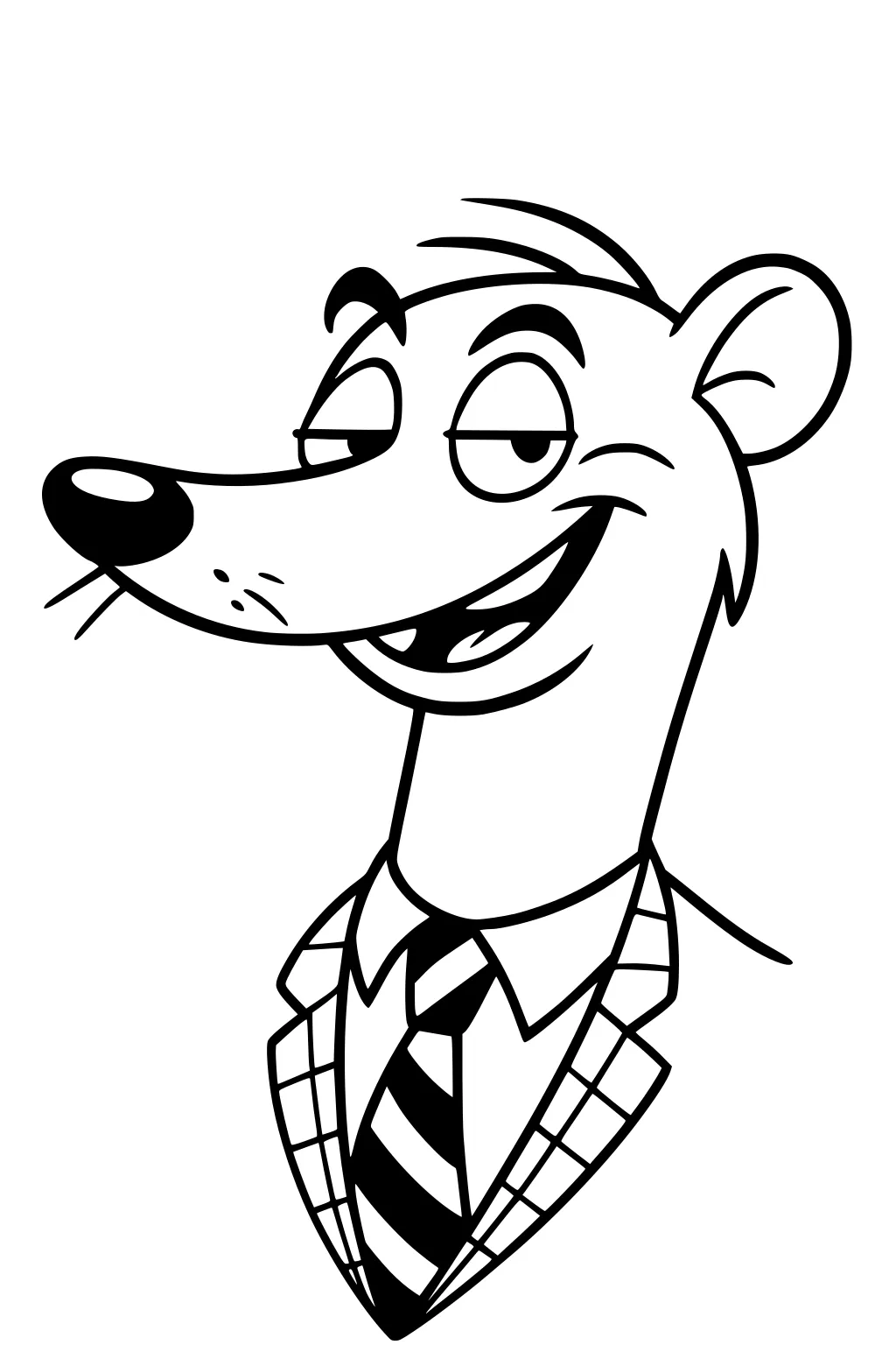Cartoon weasel wearing a patterned suit jacket and striped tie, grinning and looking to the side.