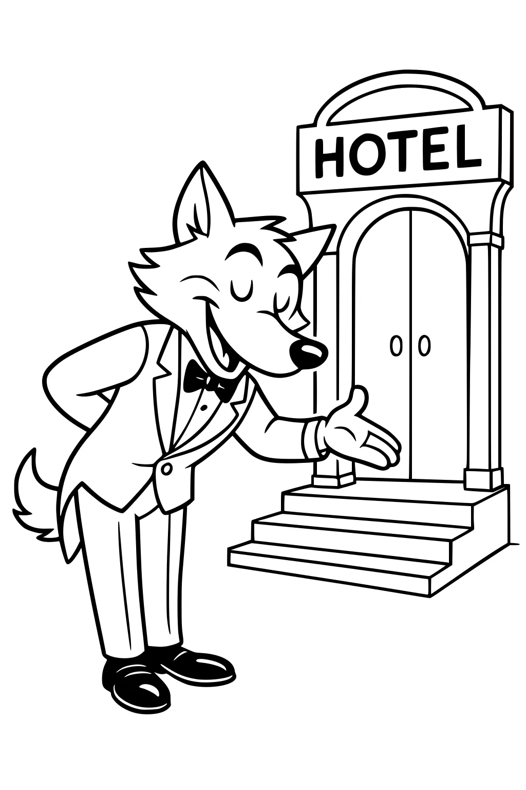 Cartoon wolf in tuxedo gesturing at hotel entrance with steps and arched double doors, smiling with eyes closed.
