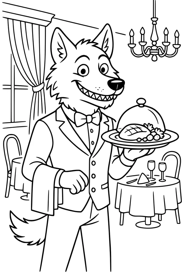 Dapper Wolf Waiter at Dinner