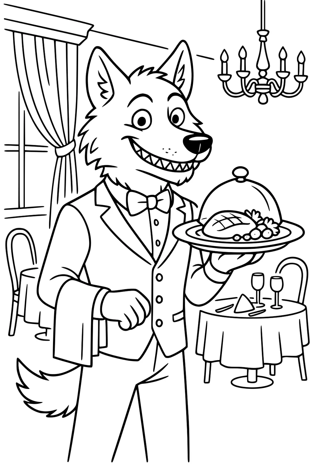 Cartoon wolf waiter in tuxedo holding covered platter in fancy restaurant with chandelier, curtains, tables, and glasses.