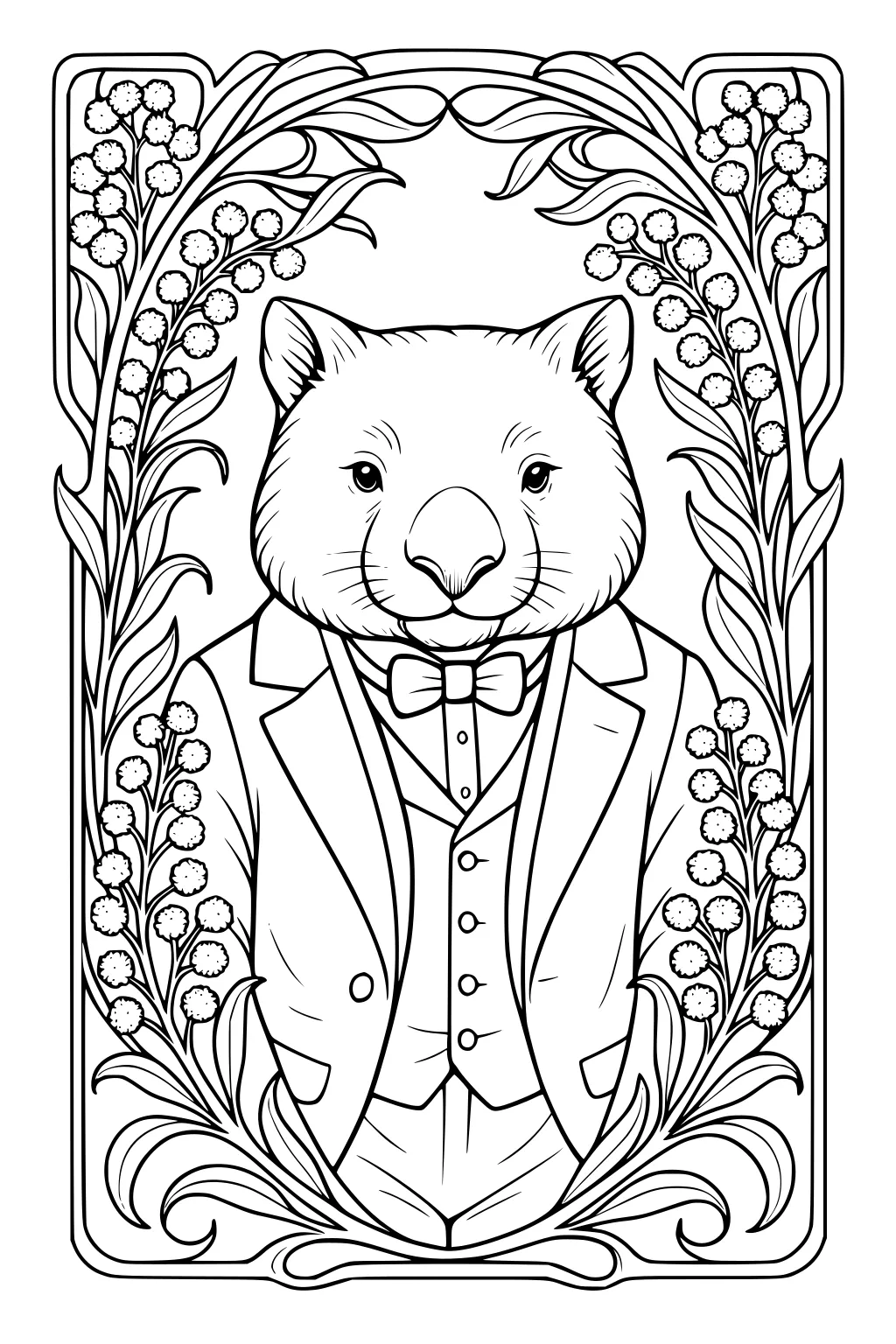 Wombat in a suit and bow tie inside an ornate floral frame with round blossoms and curling leaves, black-and-white line art.