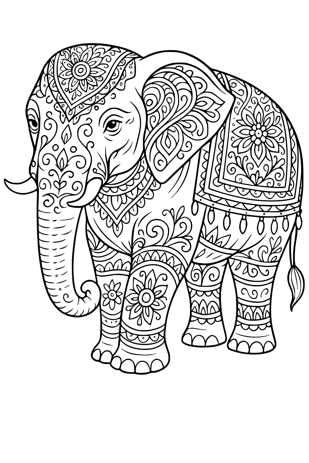 Elephant with patterned blanket, ornate decorations, and flower shapes on its body, legs, ears, and trunk.