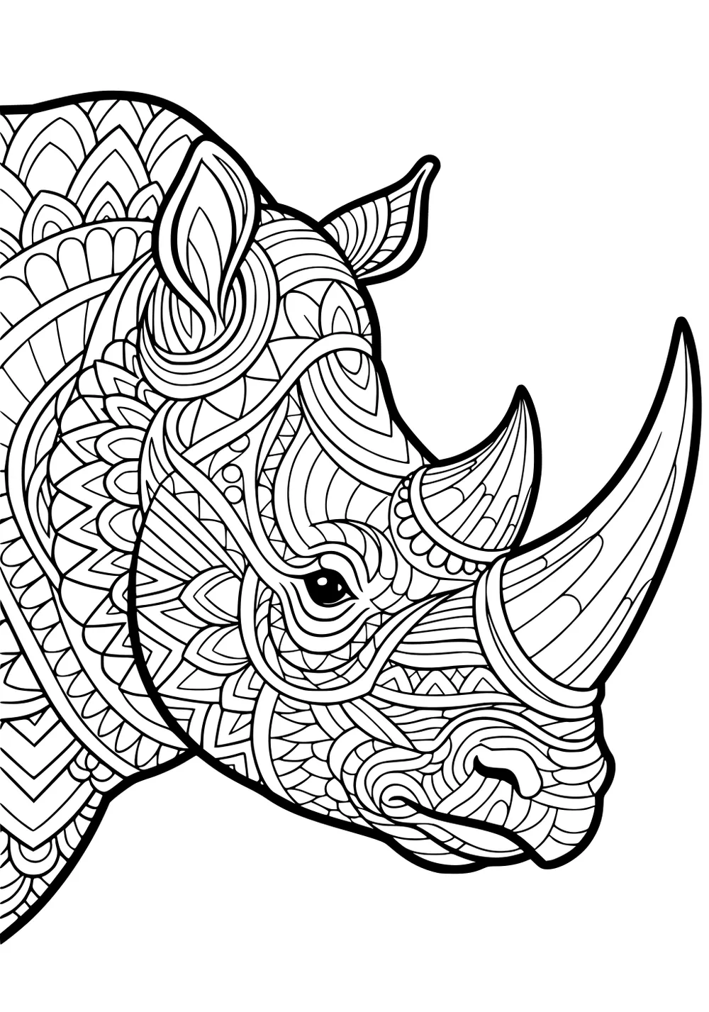 Rhino head with detailed swirling patterns, large curved horns, upright ears, and bold geometric designs filling the face.