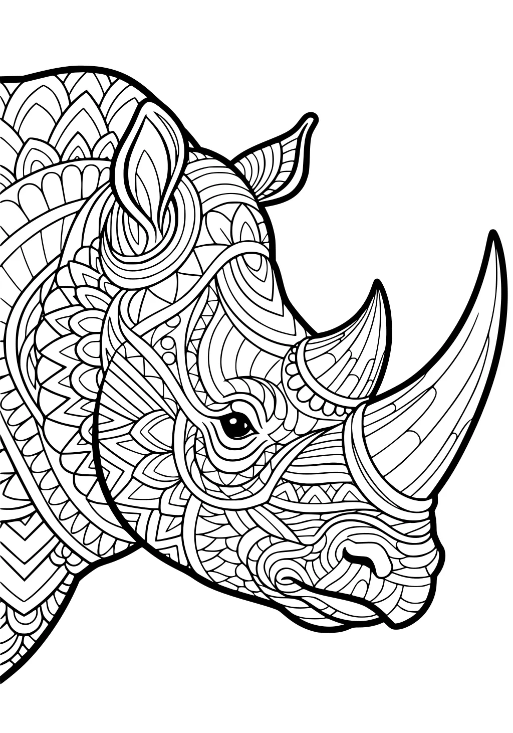 Rhino head with detailed swirling patterns, large curved horns, upright ears, and bold geometric designs filling the face.