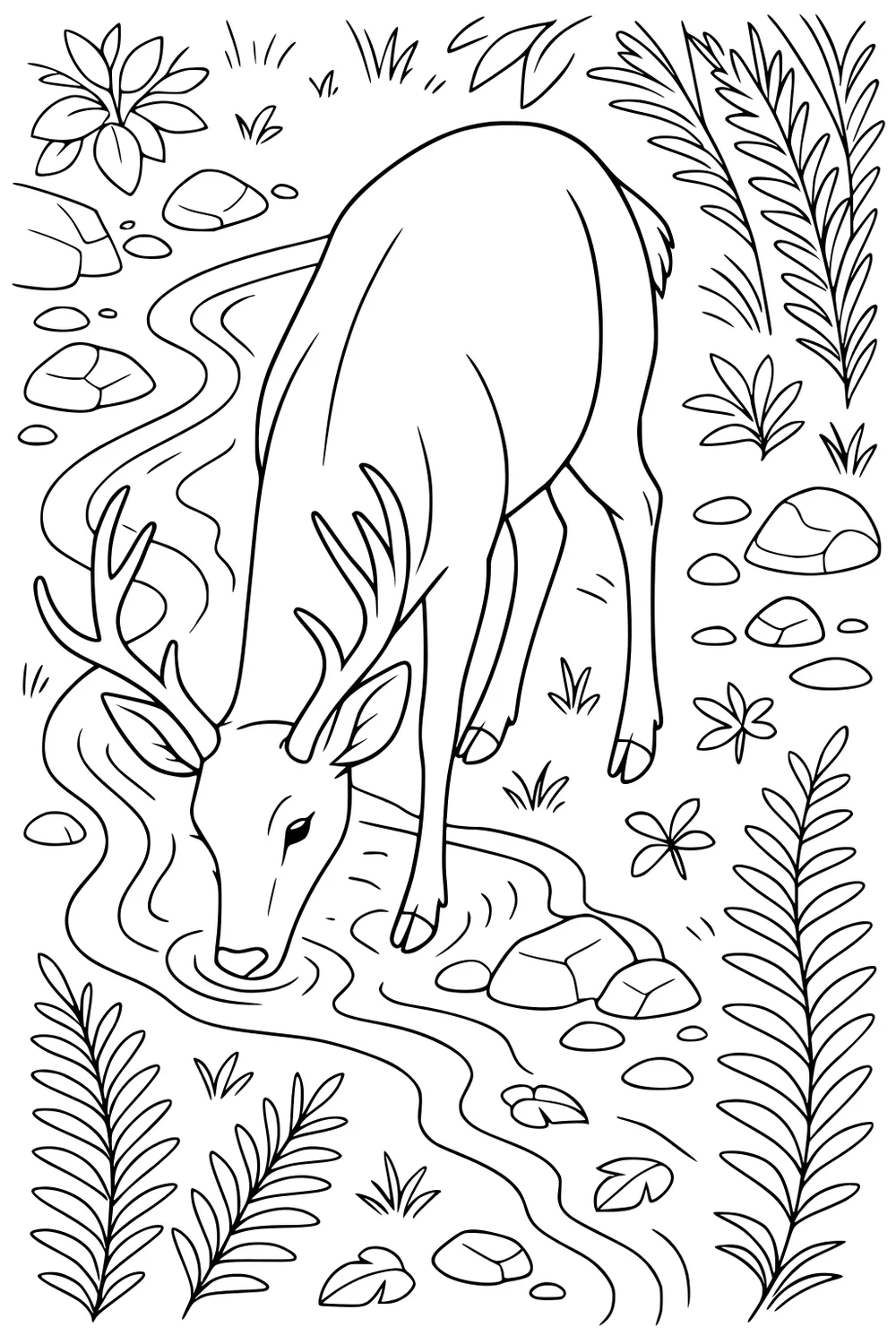 Deer with antlers drinks from a stream lined with rocks, ferns, bushes, and scattered grass tufts.