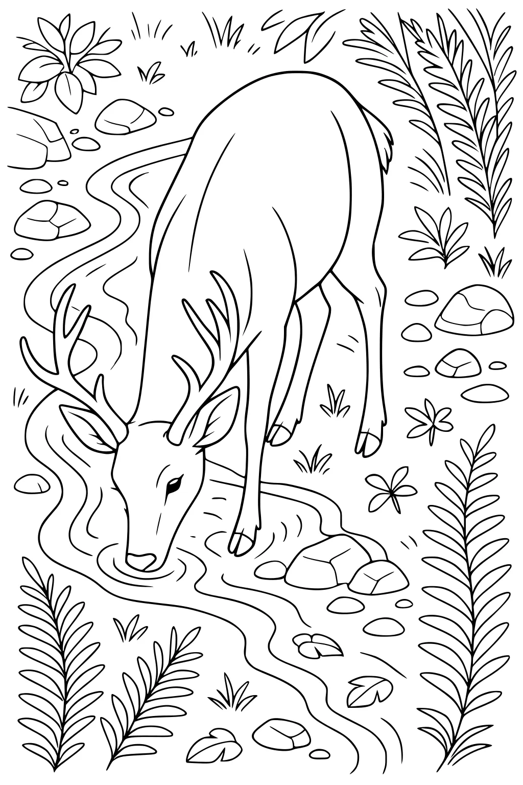 Deer with antlers drinks from a stream lined with rocks, ferns, bushes, and scattered grass tufts.