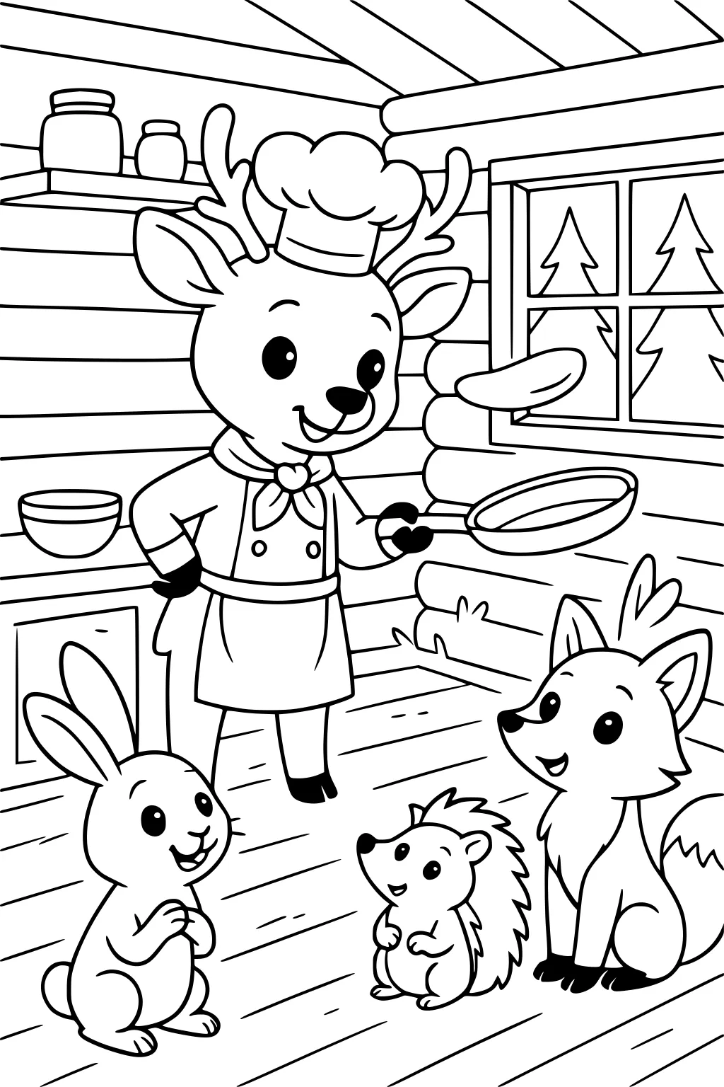Chef deer flipping pancake while bunny, hedgehog, and fox watch in a cozy wooden cabin with jars and pine trees outside window.