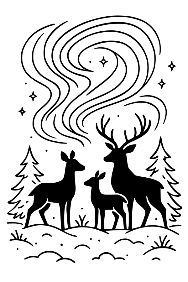 Deer Family Beneath the Northern Lights