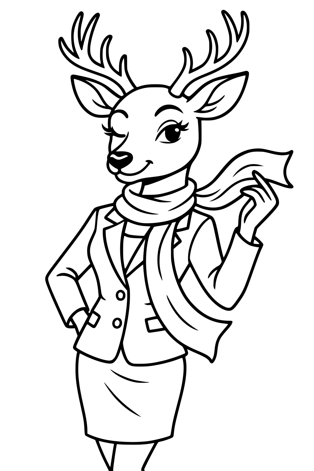 Anthropomorphic female deer standing, winking, wearing a scarf, jacket, and skirt, one hoof on hip, hand flicking scarf.