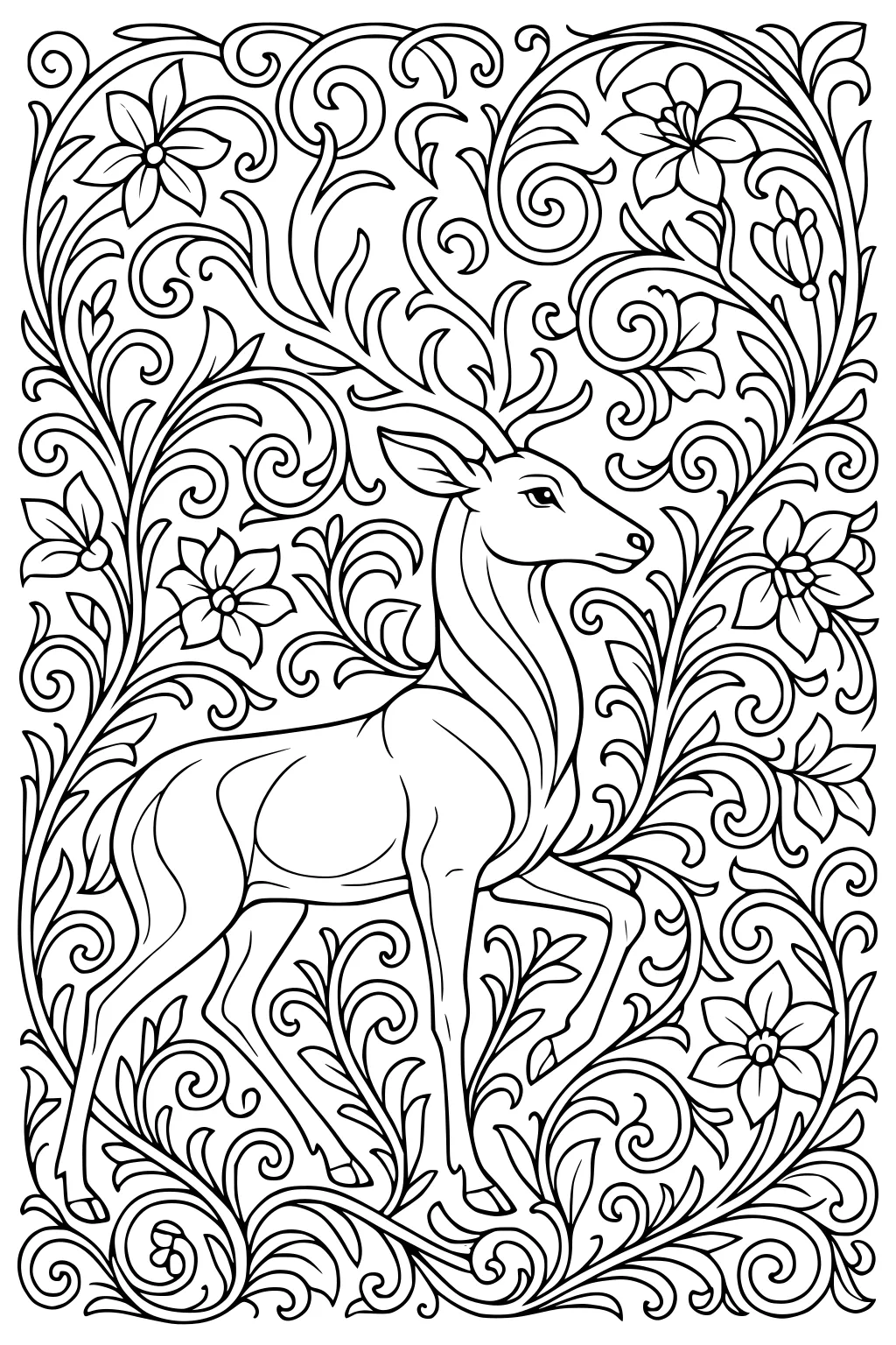 Deer with raised leg surrounded by swirling vines and large blooming flowers.