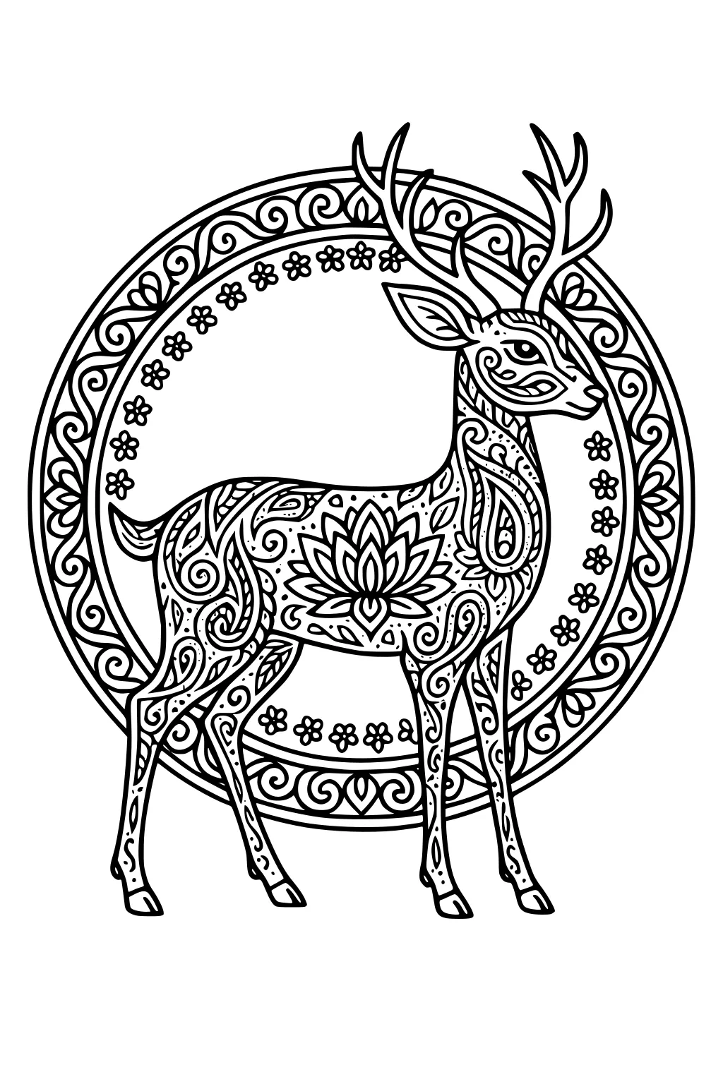 Deer with detailed floral designs and antlers, standing inside a circle filled with flowers and swirls.