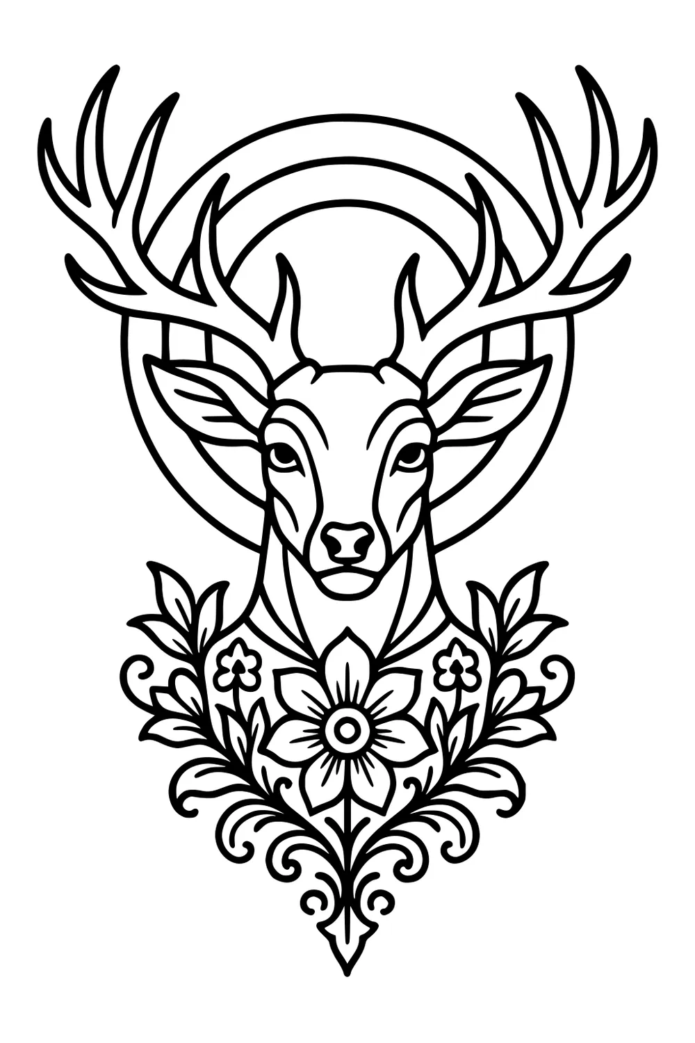 Deer head with large antlers above floral and leafy swirl patterns, with circle shapes behind the antlers.