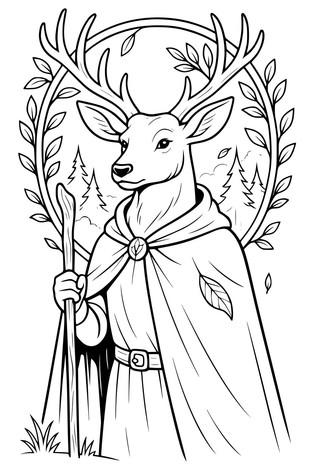 Deer with cloak and staff, large antlers, surrounded by leaves and pine trees in the background.