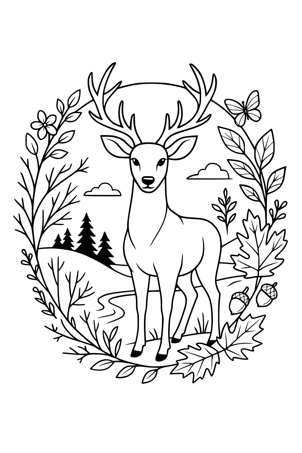 Deer with antlers standing in a forest clearing framed by leaves, flowers, acorns, a butterfly, pine trees, and clouds.