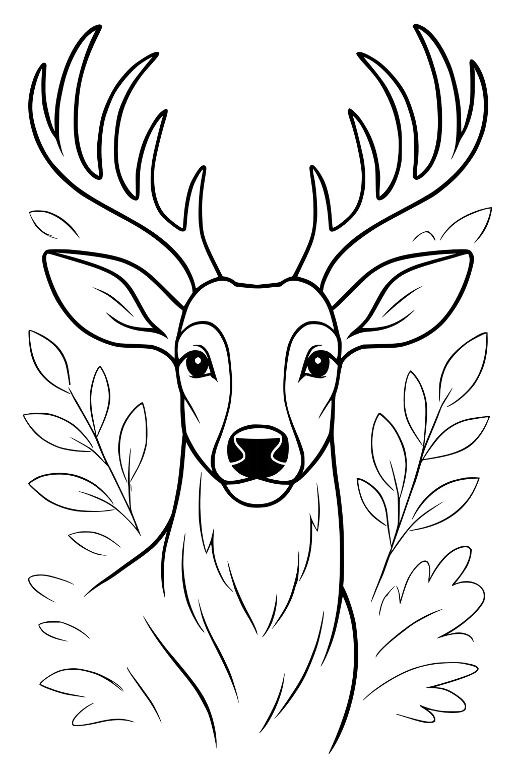 Deer with large antlers standing among leafy plants, looking forward, drawn with simple bold lines.