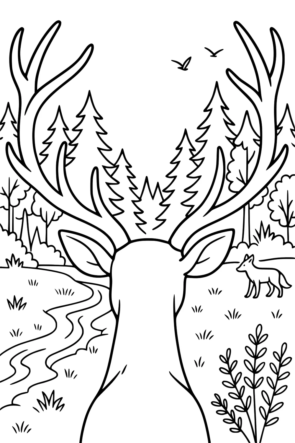 Large deer with big antlers faces a river, trees, and a fox in a peaceful forest scene.