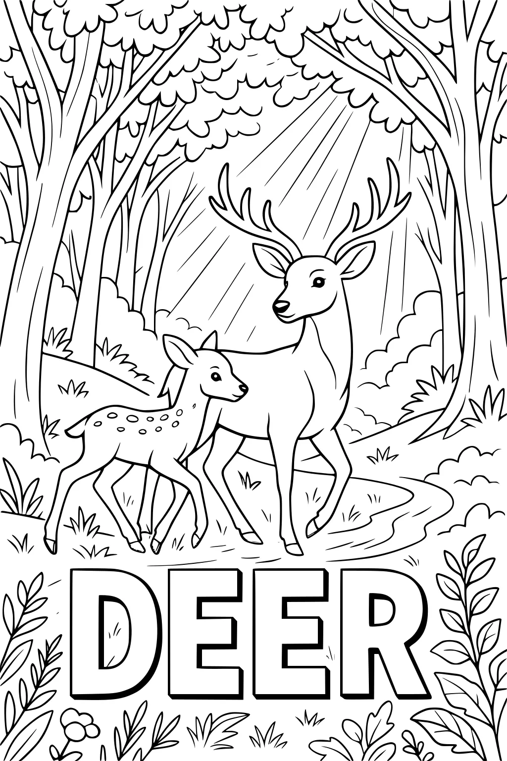 A stag and fawn walk along a forest path beneath tall trees and sunbeams with leaves and plants around them.