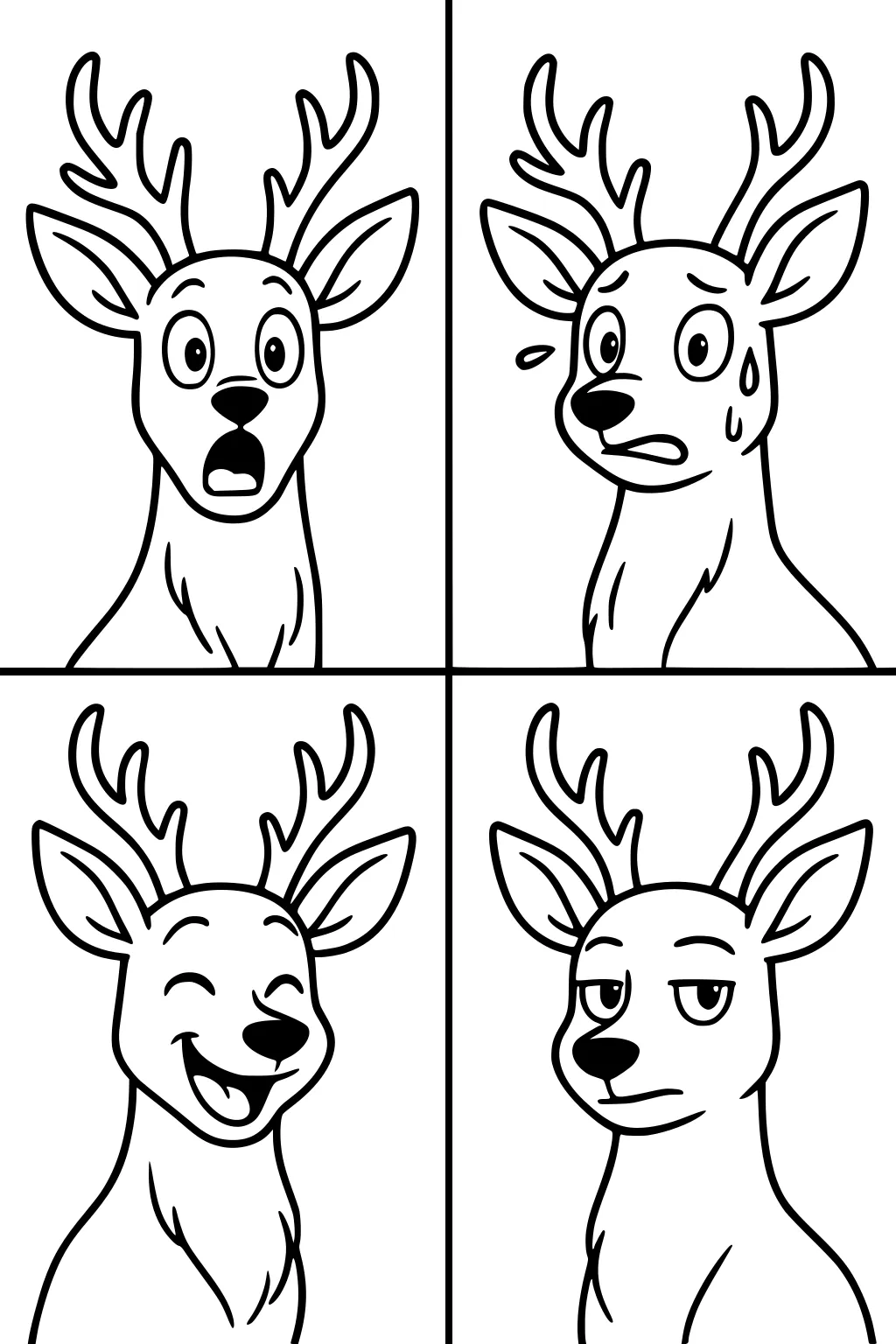 Four cartoon deer with antlers in separate boxes, showing surprised, anxious, happy, and unimpressed faces.