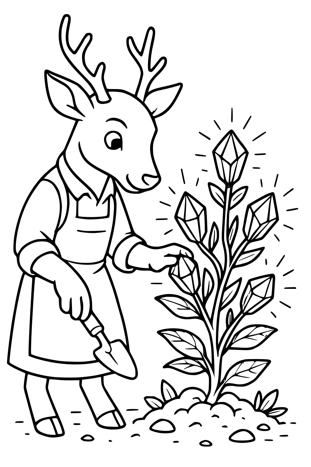 Deer in apron holding trowel, tending a crystal-growing plant in a garden with scattered soil and leaves.