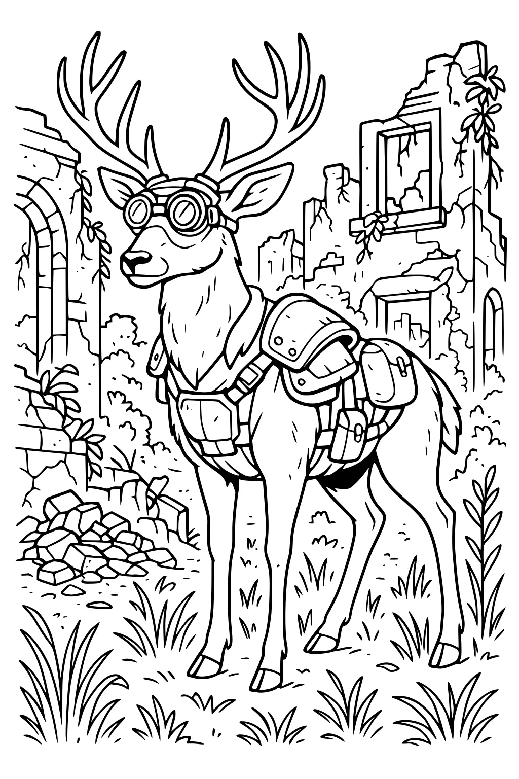 Deer with antlers and goggles stands in armor gear among old stone ruins and wild plants.