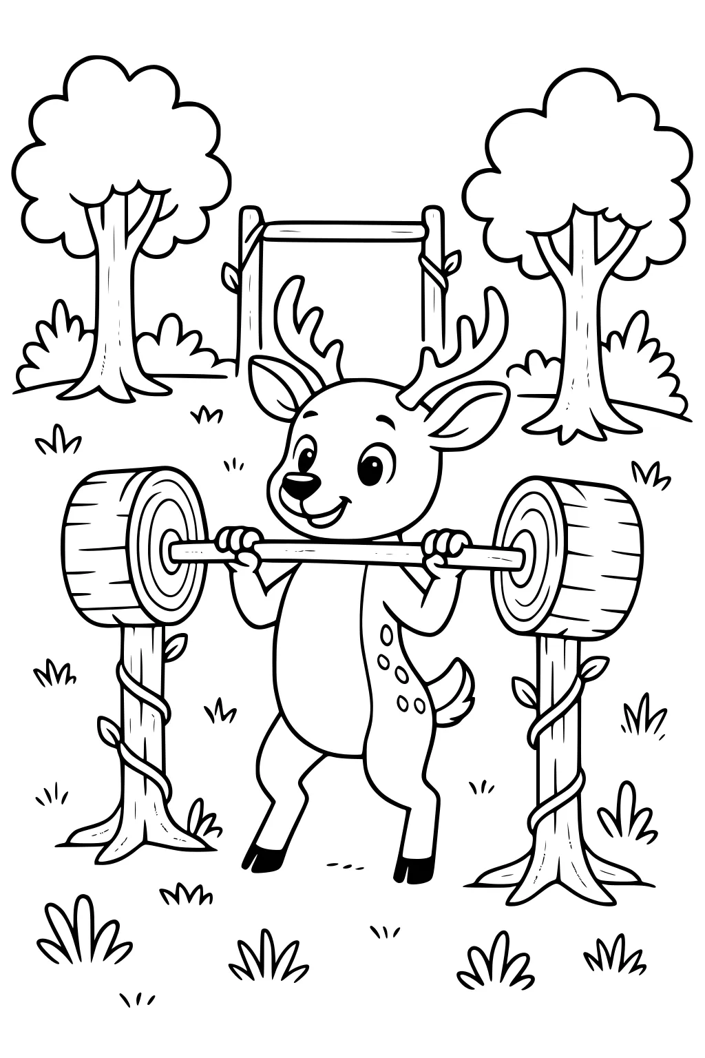 Cartoon deer lifts log barbell between two trees surrounded by grass and forest.