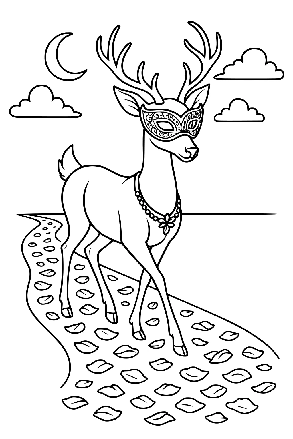 Deer with mask and necklace walks along pebble path at night, under clouds and crescent moon.