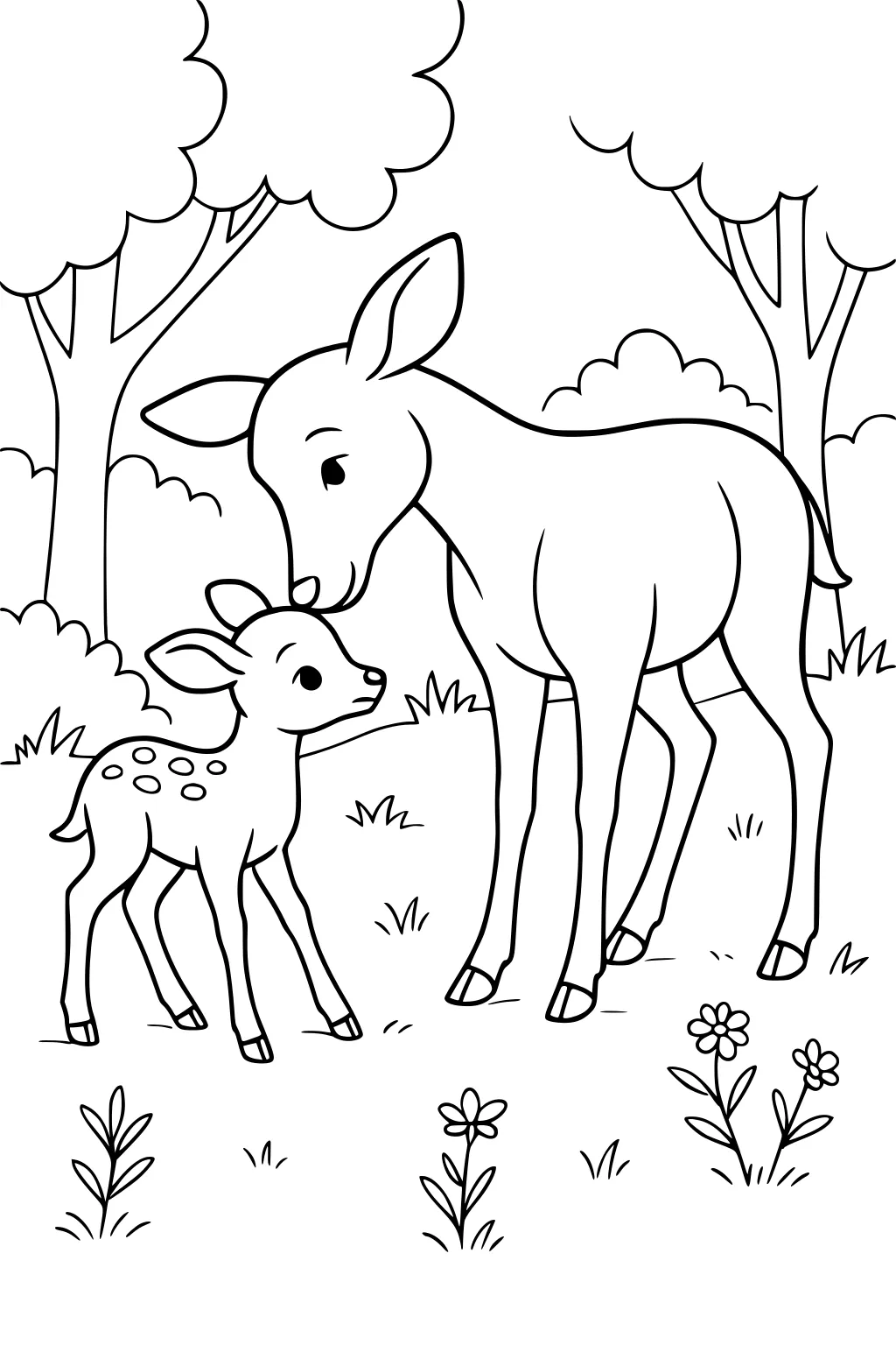 Mother deer touching noses with her fawn among grass, flowers, and trees in a meadow.