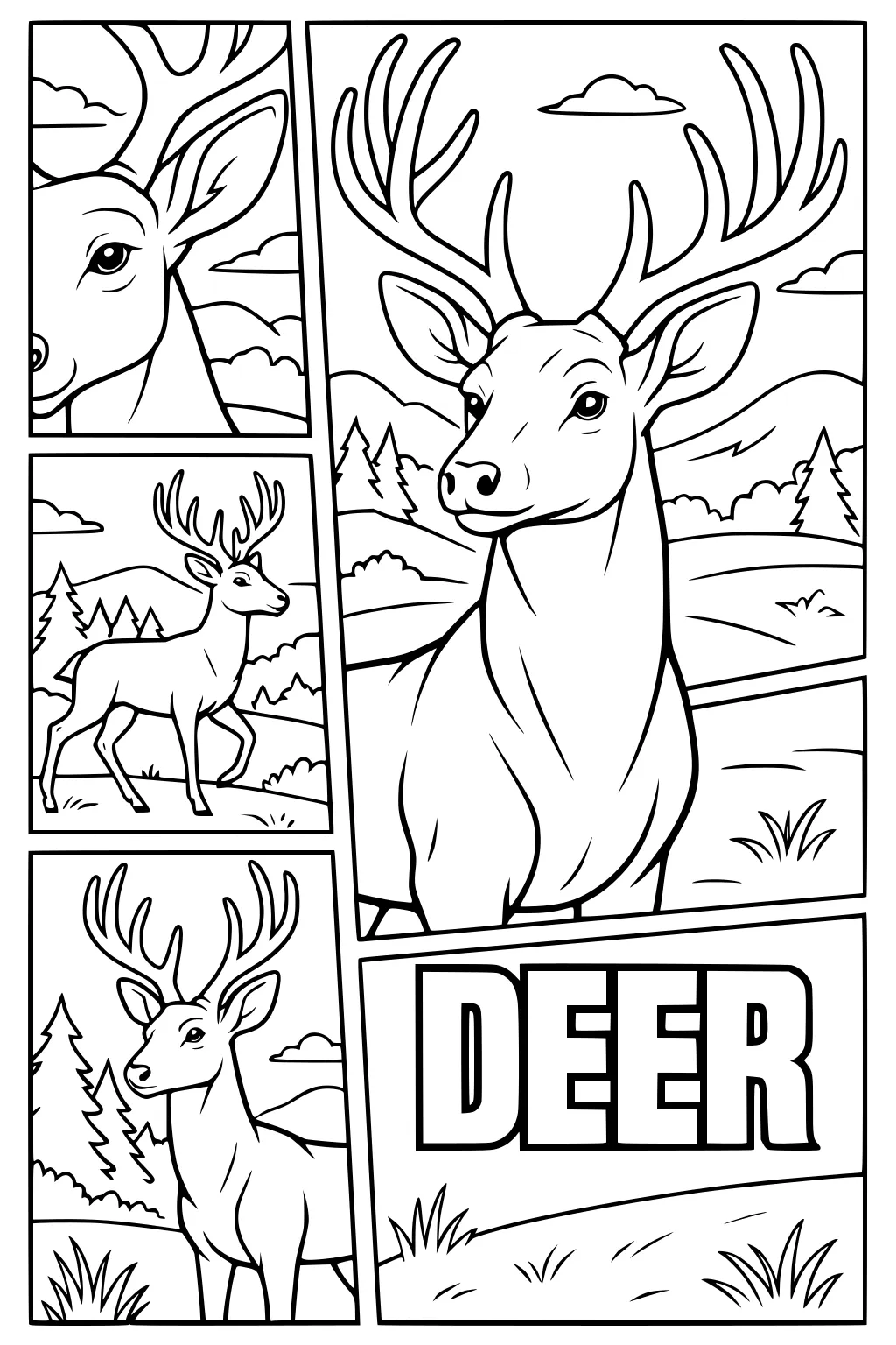 Comic-style page showing a deer with antlers in a mountain landscape, with trees, clouds and the word DEER at the bottom.