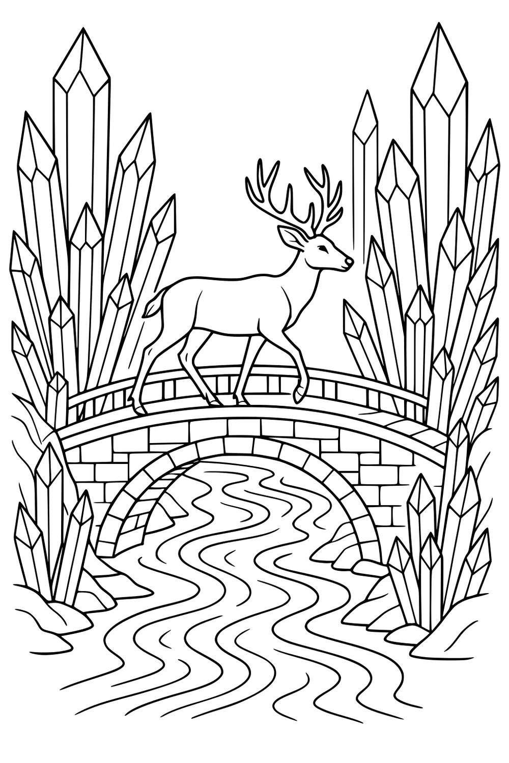 A deer with antlers walks on a stone bridge above a river. Large crystals and rocks stand on both sides of the bridge.