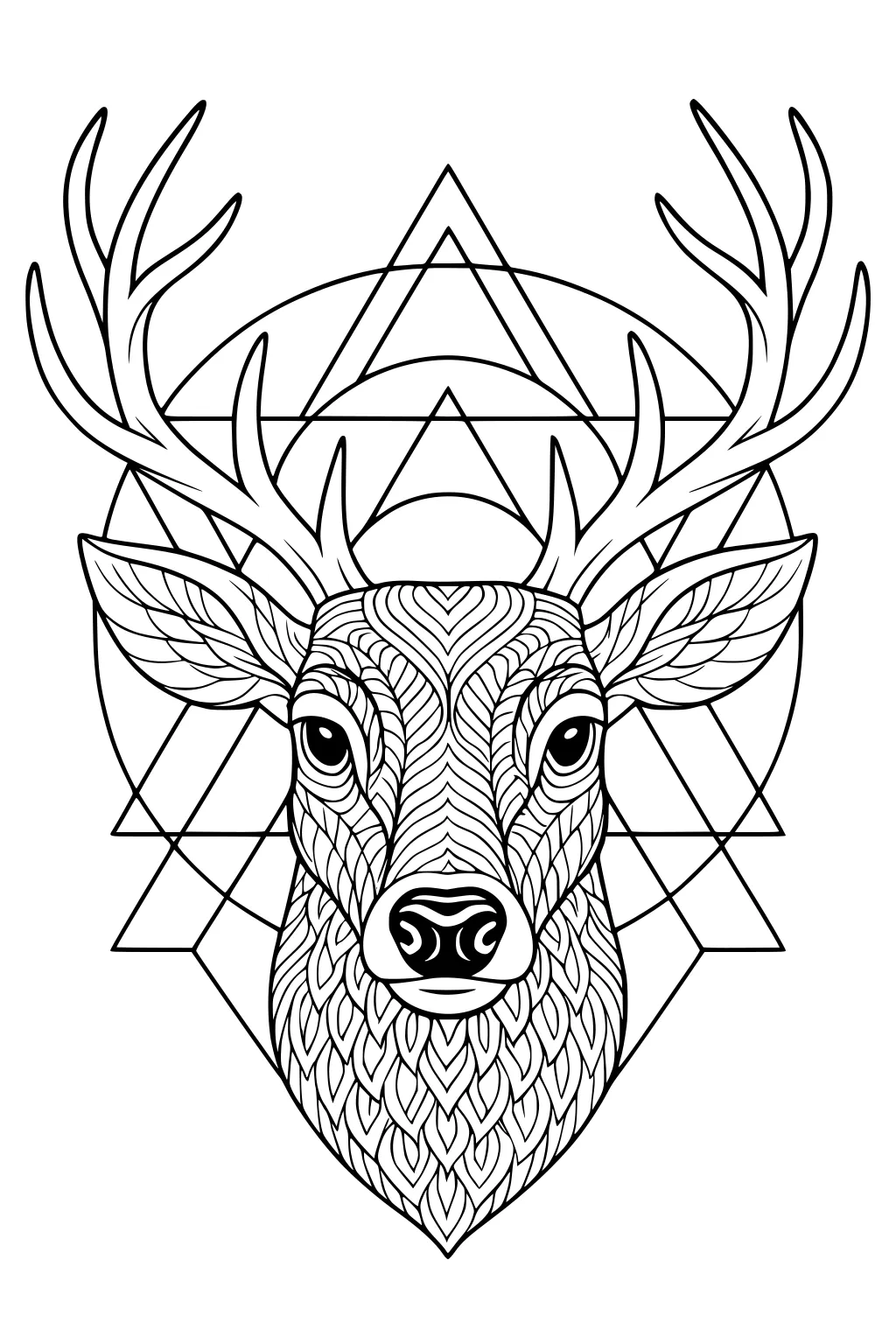Detailed deer head with large antlers and patterned fur, framed by overlapping triangles and circles behind.