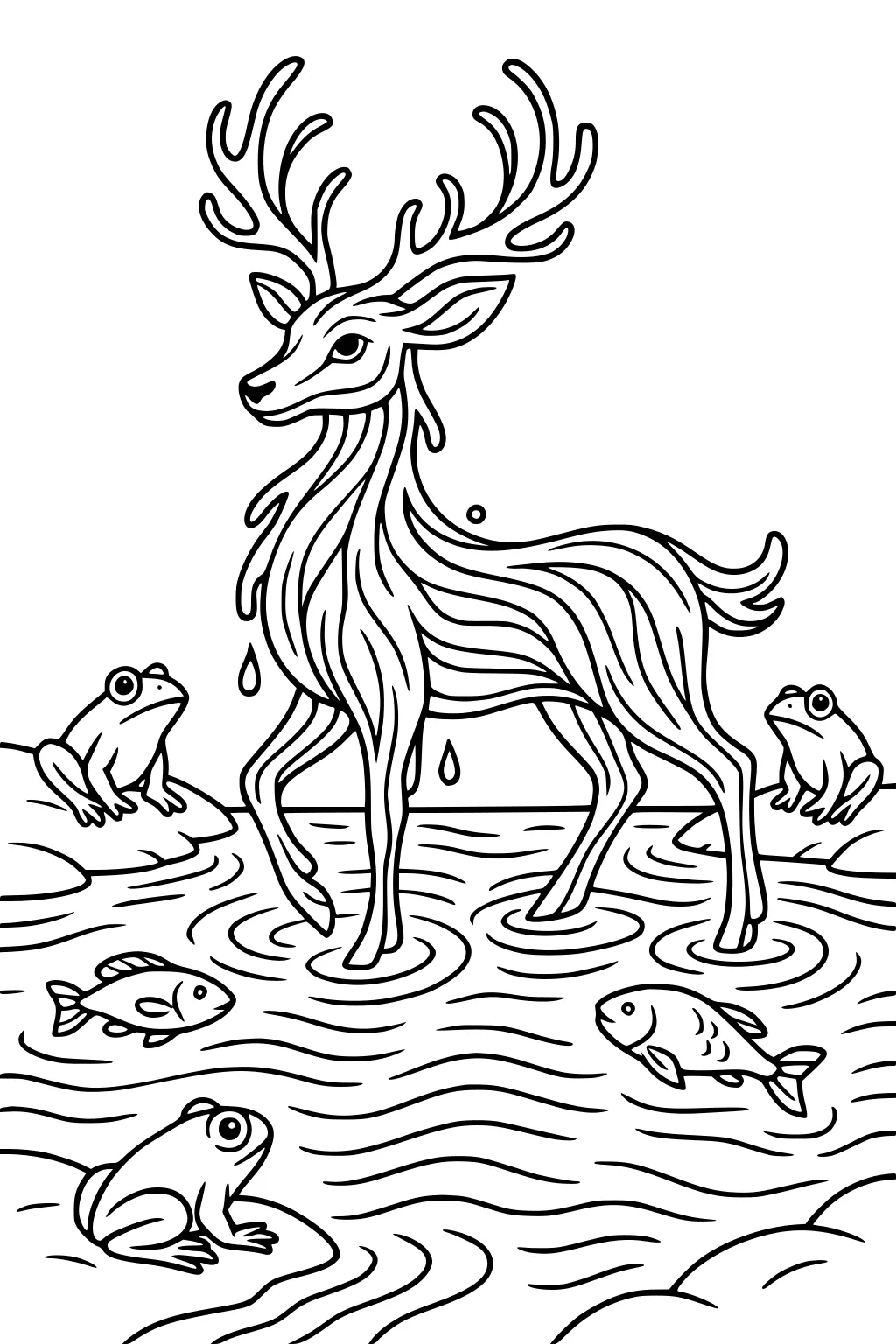 Deer with antlers standing in a pond, surrounded by frogs on rocks and swimming fish, with water ripples and rocks.