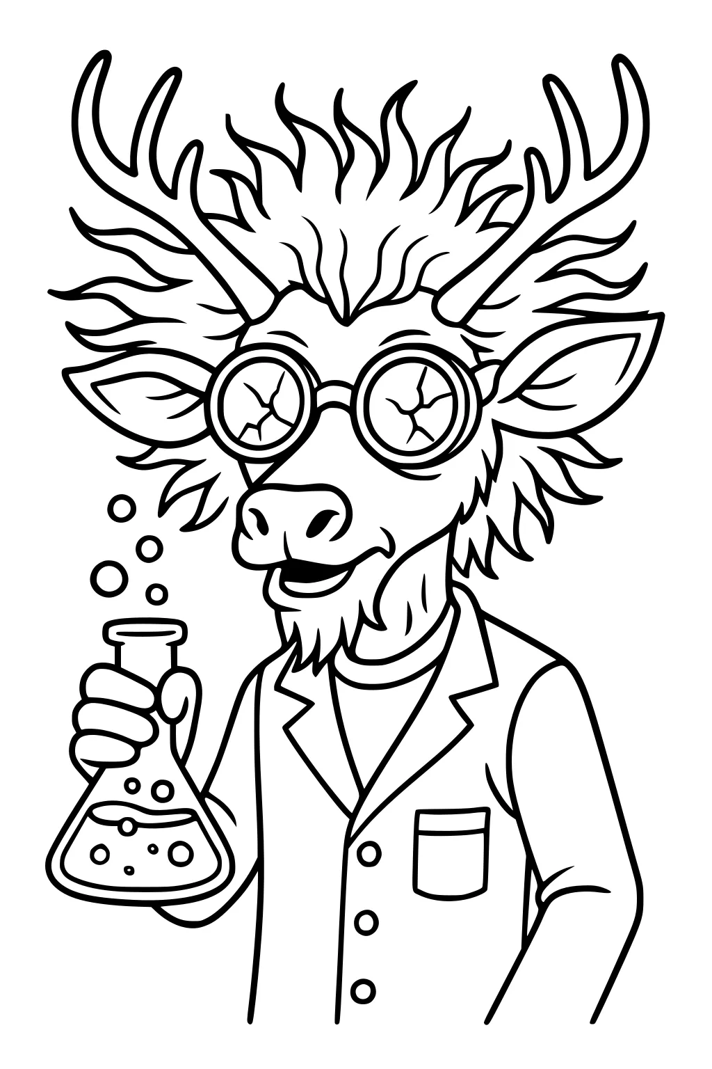 Deer with large antlers in a lab coat, cracked glasses, and wild hair, holding a potion beaker with bubbles.