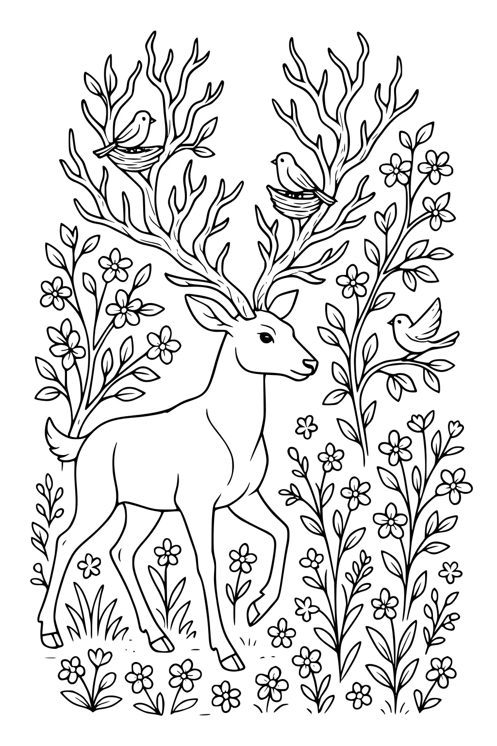 Deer with branched antlers holding bird nests, surrounded by three birds and many blooming flowers and leafy plants.