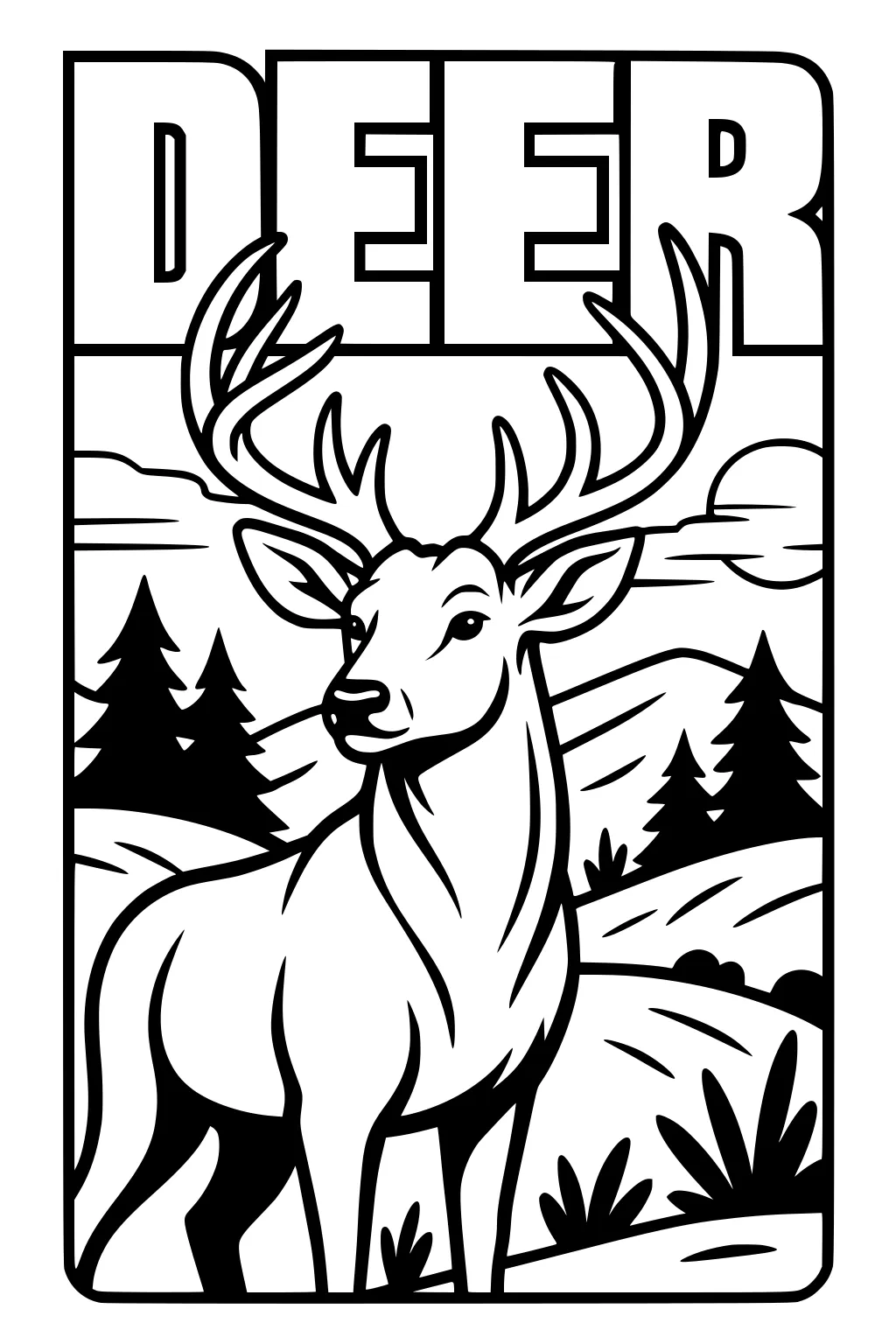Stag deer with large antlers in a grassy meadow, pine trees, hills, sun, and the word DEER above.