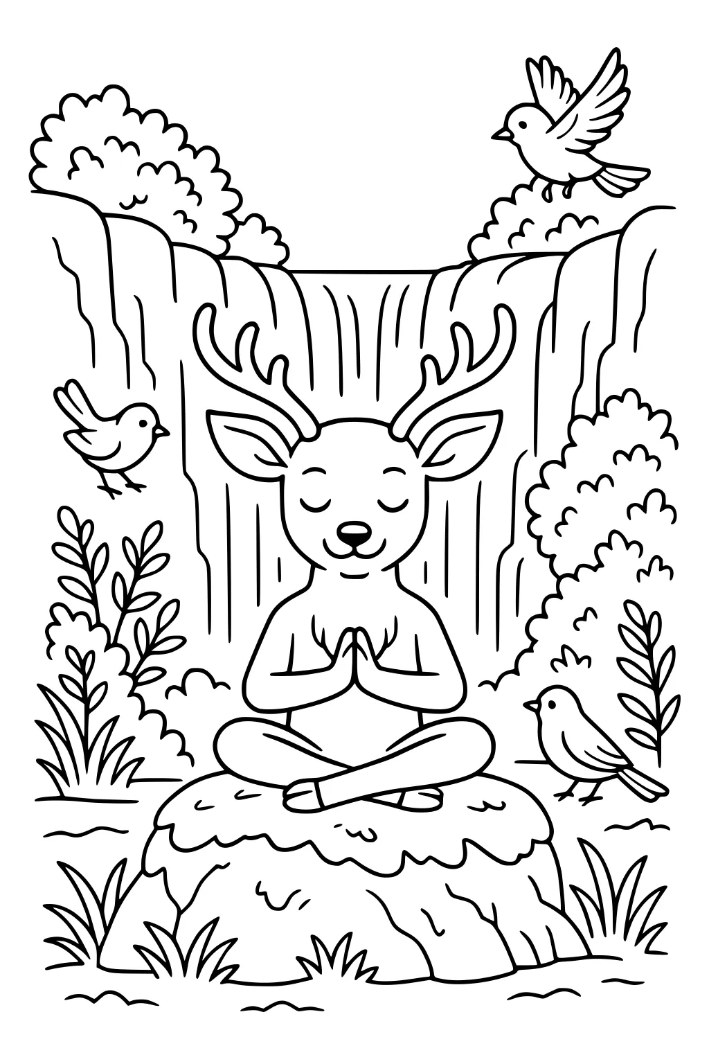 Deer meditating on a rock near a waterfall with three birds and plants around.