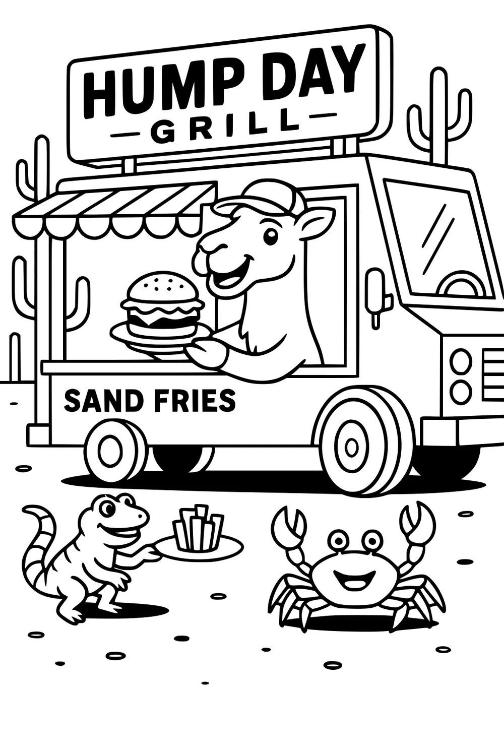 Camel in a food truck holding a burger. Lizard eats fries and a crab smiles nearby. Cacti in the background.