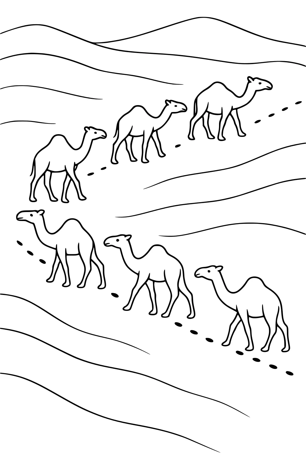 Five camels walking in a line through sandy desert hills, following a trail marked by dotted lines.