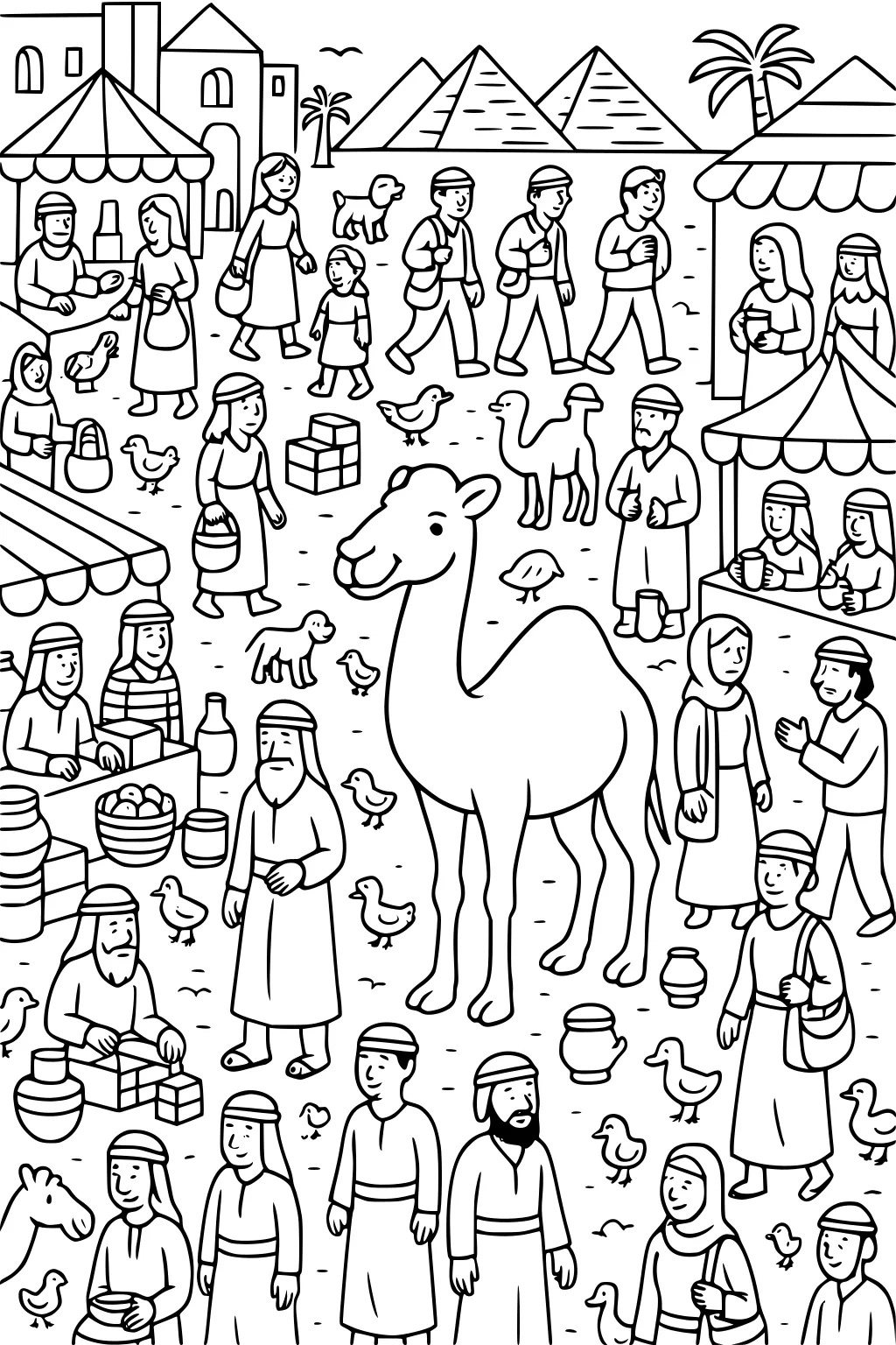 Smiling camel stands in busy marketplace with people, ducks, baskets, and pyramids in the background.