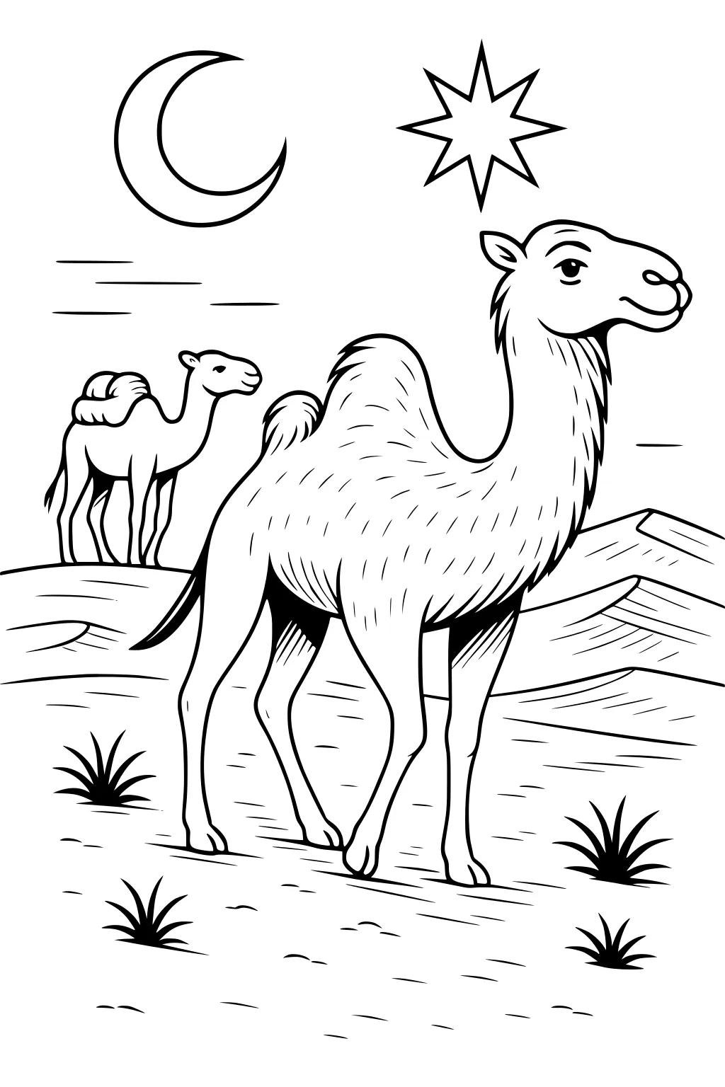Two camels in a nighttime desert with a moon, a star, sandy hills, and patches of grass.