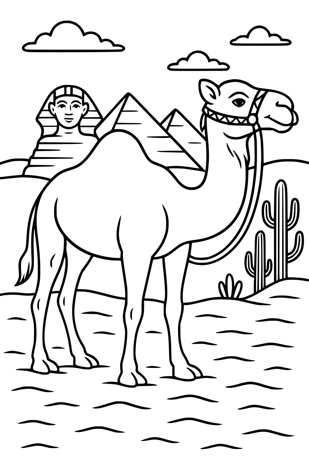 Camel with harness in front of pyramids and Sphinx, cacti and clouds in desert scene.