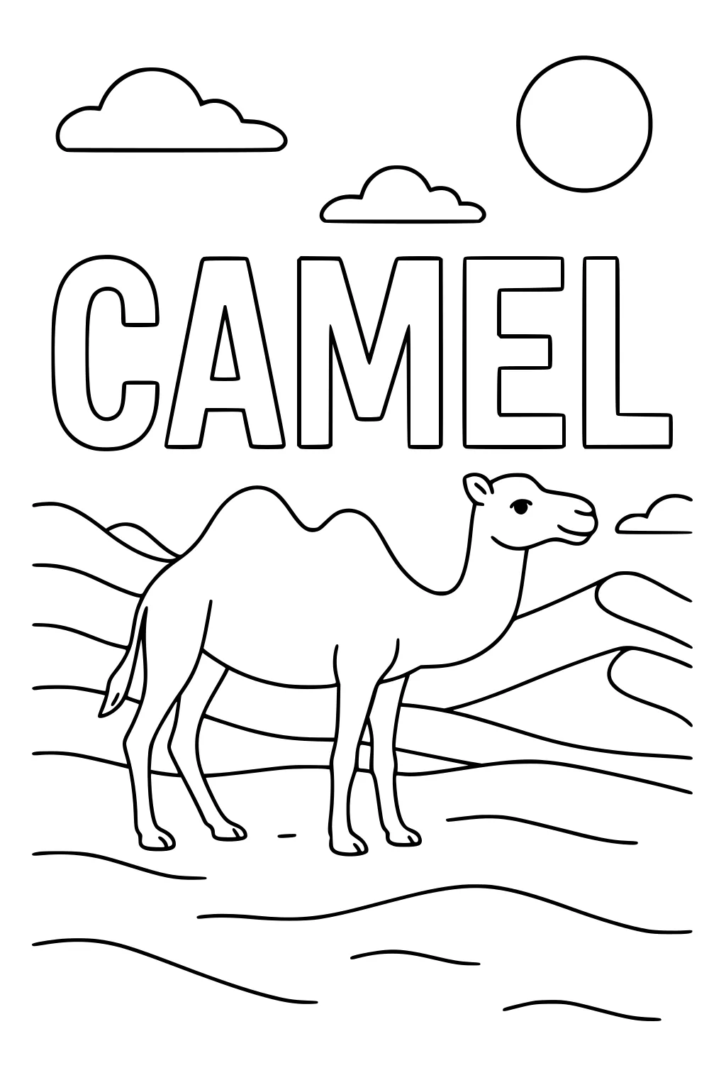 Camel with one hump in a desert, word CAMEL above, wavy sand, two clouds, and a sun in the sky.