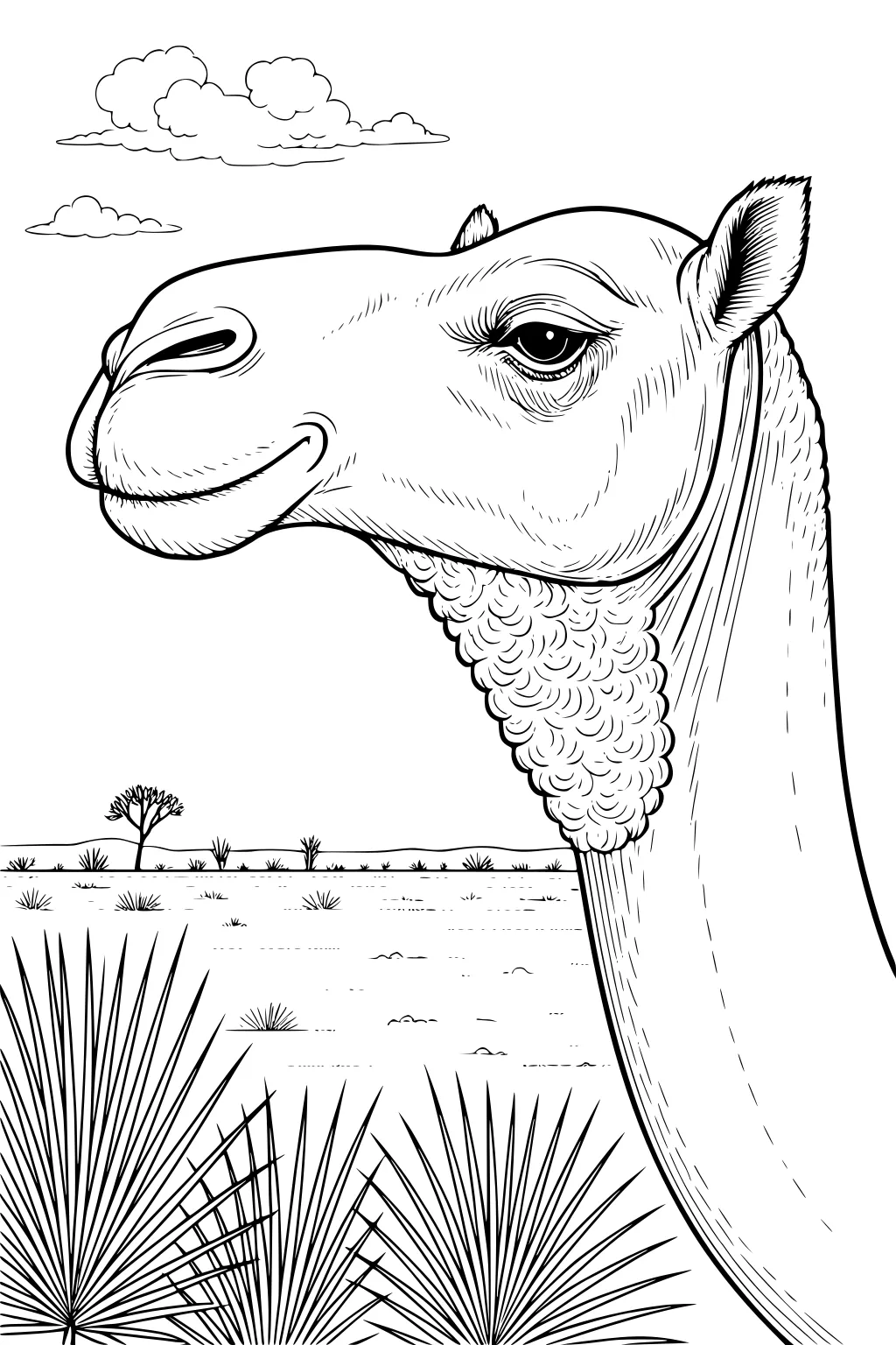 Camel with long neck and bushy chin, standing near desert plants, distant tree, and clouds in the sky.
