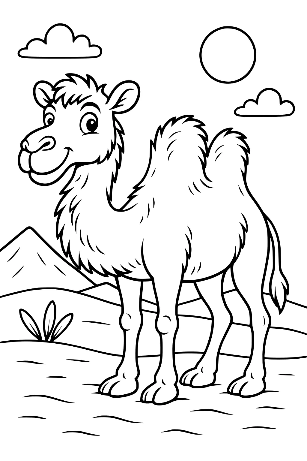 Cartoon camel with two humps smiling in a desert landscape with clouds, sun, mountains, and a small plant.