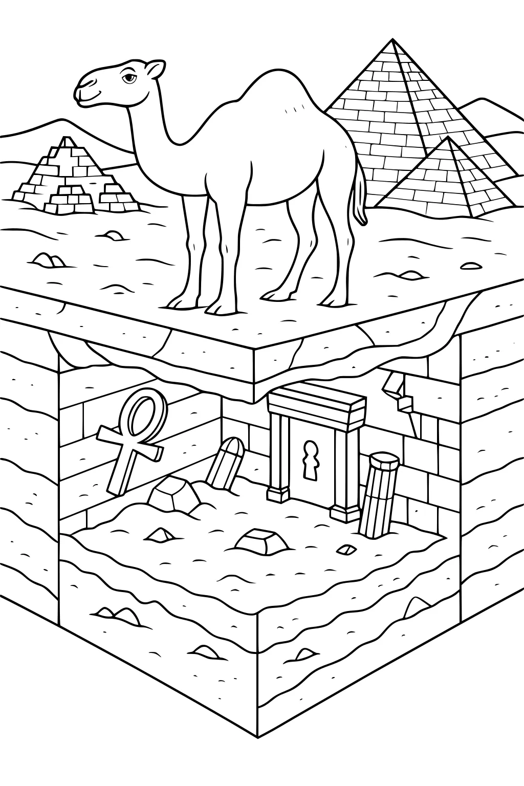 Camel standing on sand above pyramids, with an underground Egyptian room filled with ruins, an ankh, doorway, and fallen columns.