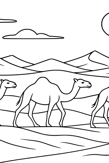 Three Camels March Under the Desert Sun