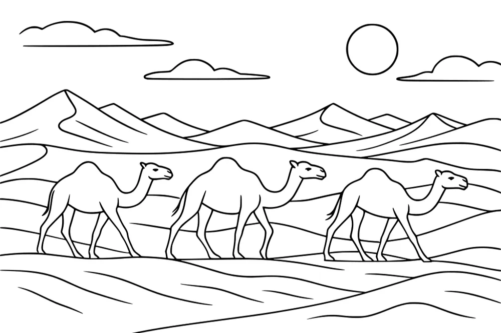Three camels walking in a desert with hills, mountains, clouds, and a sun in the sky.