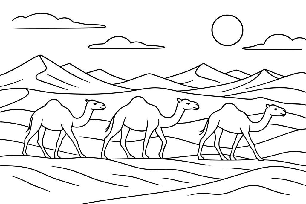 Three camels walking in a desert with hills, mountains, clouds, and a sun in the sky.