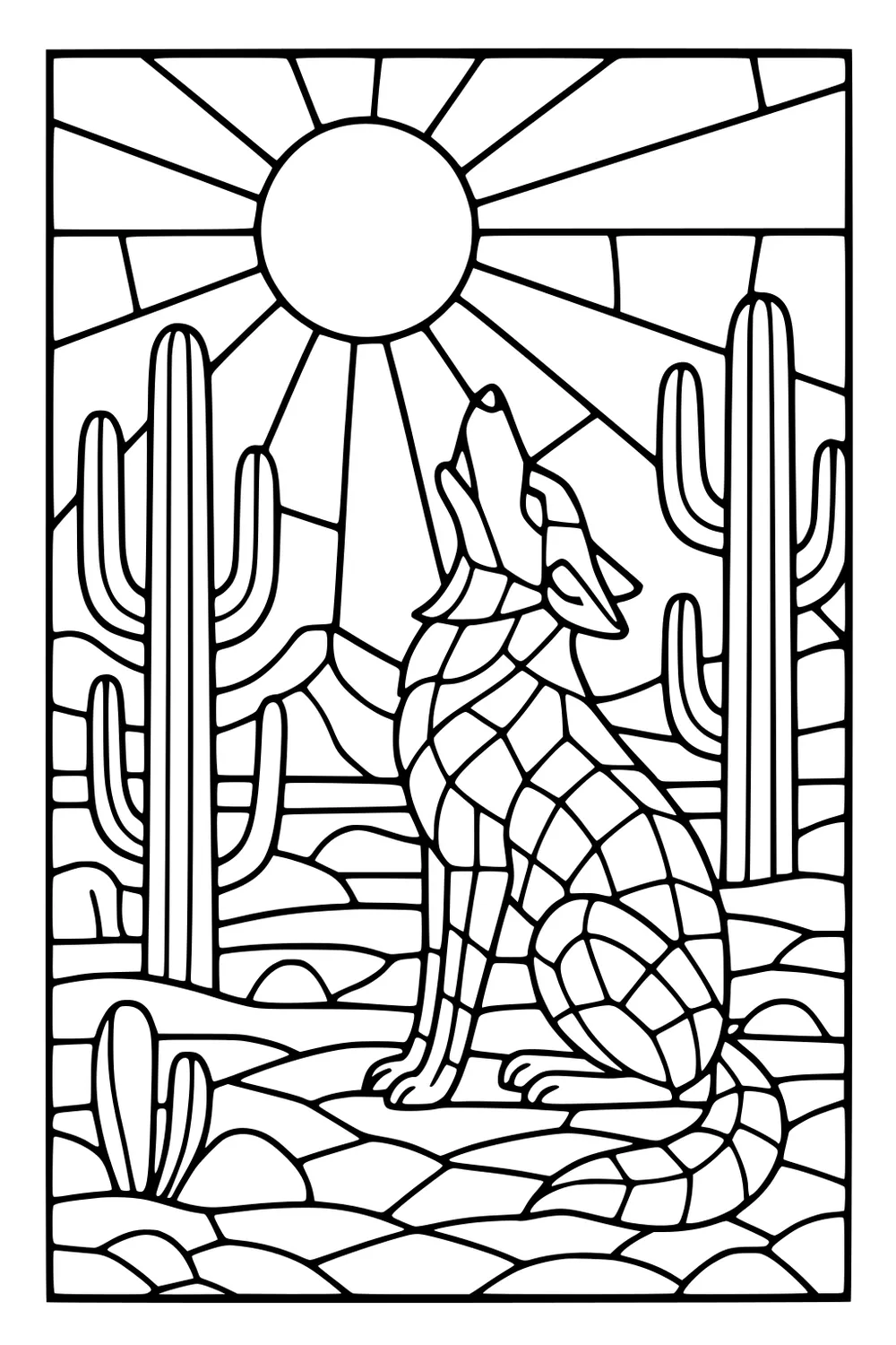 Mosaic-style coyote howling at the sun in a desert with tall cacti and rocky ground.
